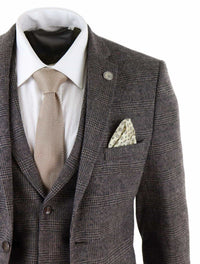 Terno masculino de tweed xadrez marrom de 3 peças - STZ17