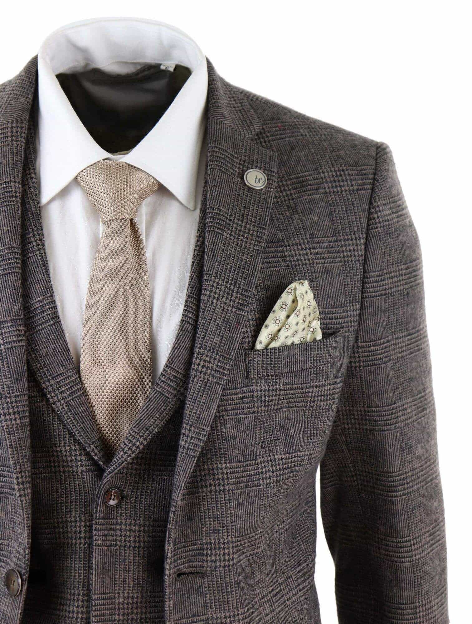 Terno masculino de tweed xadrez marrom de 3 peças - STZ17