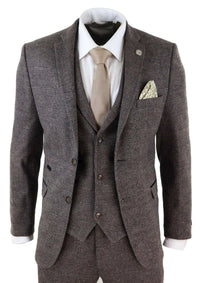 Terno masculino de tweed xadrez marrom de 3 peças - STZ17