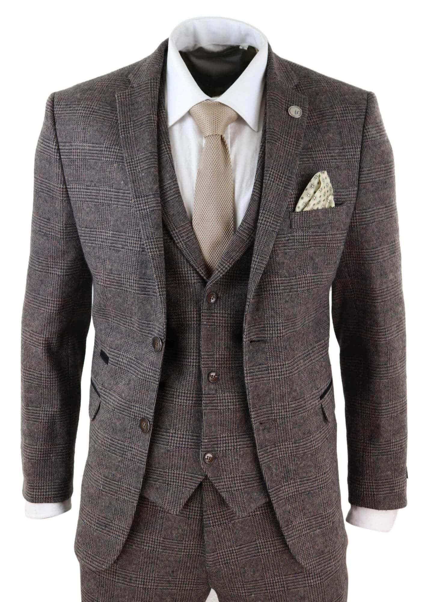 Terno masculino de tweed xadrez marrom de 3 peças - STZ17