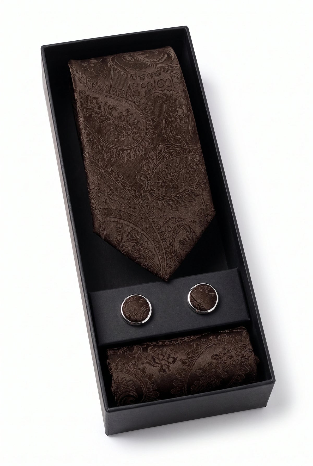 Conjunto de gravata masculina marrom com estampa paisley