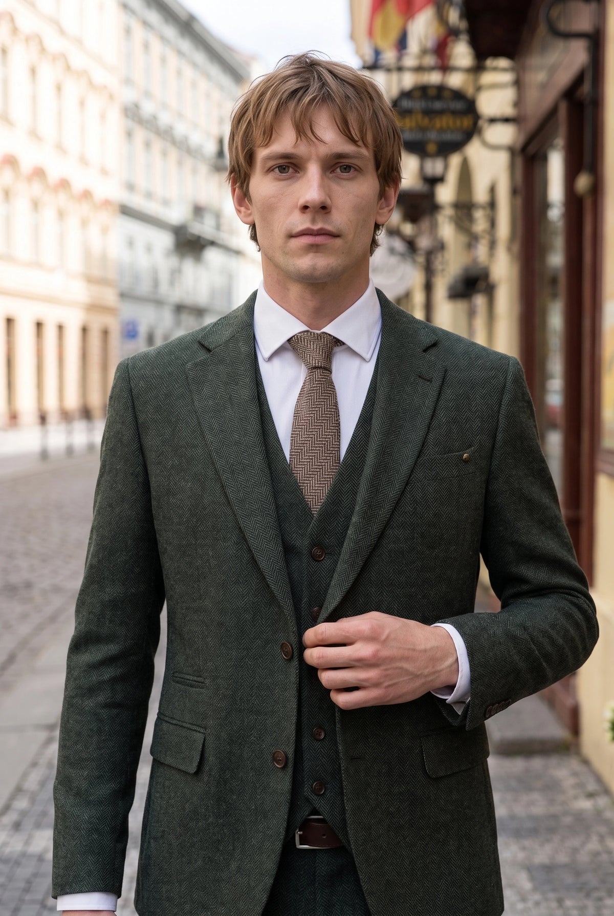 Gravata masculina de tweed marrom com estampa espinha de peixe