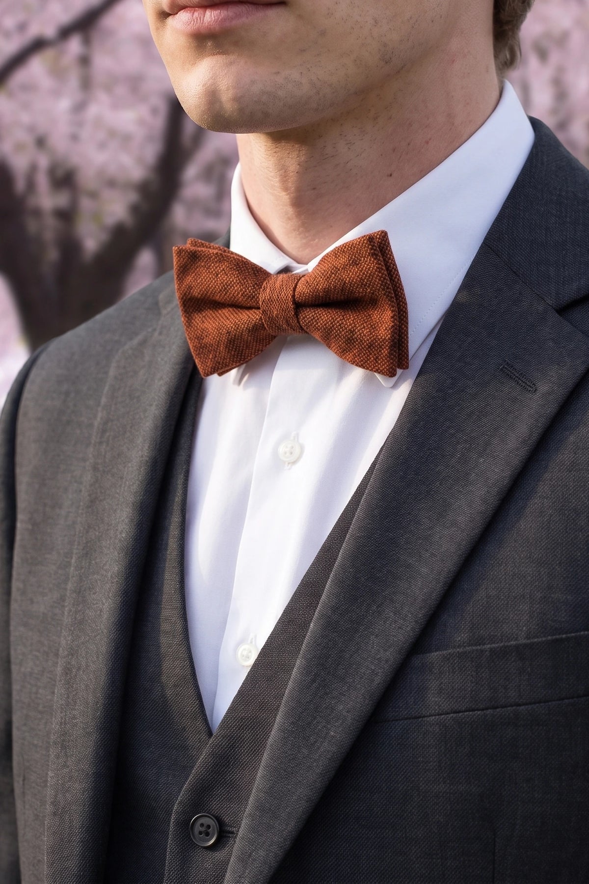 Gravata borboleta masculina em tweed marrom com mistura de lã