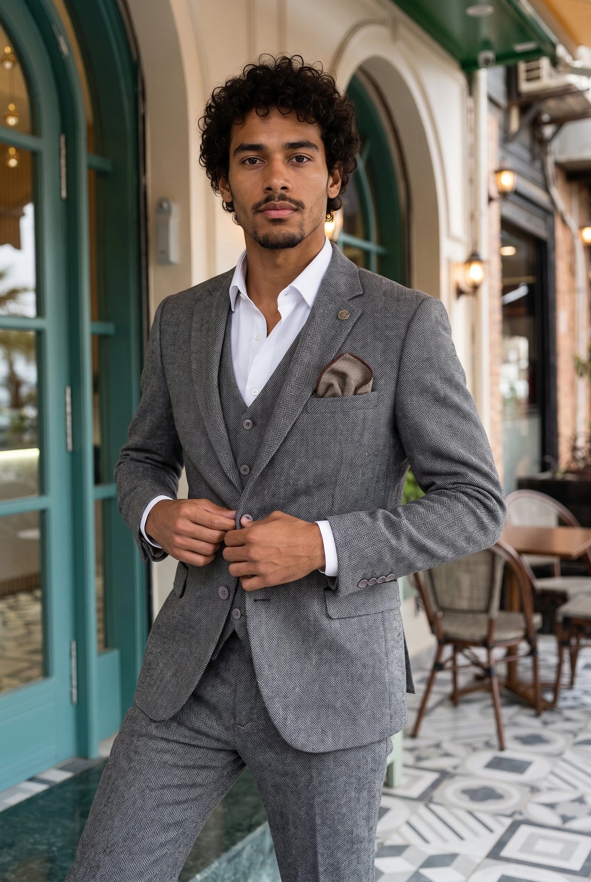 Lenço de bolso masculino em tweed marrom com mistura de lã.