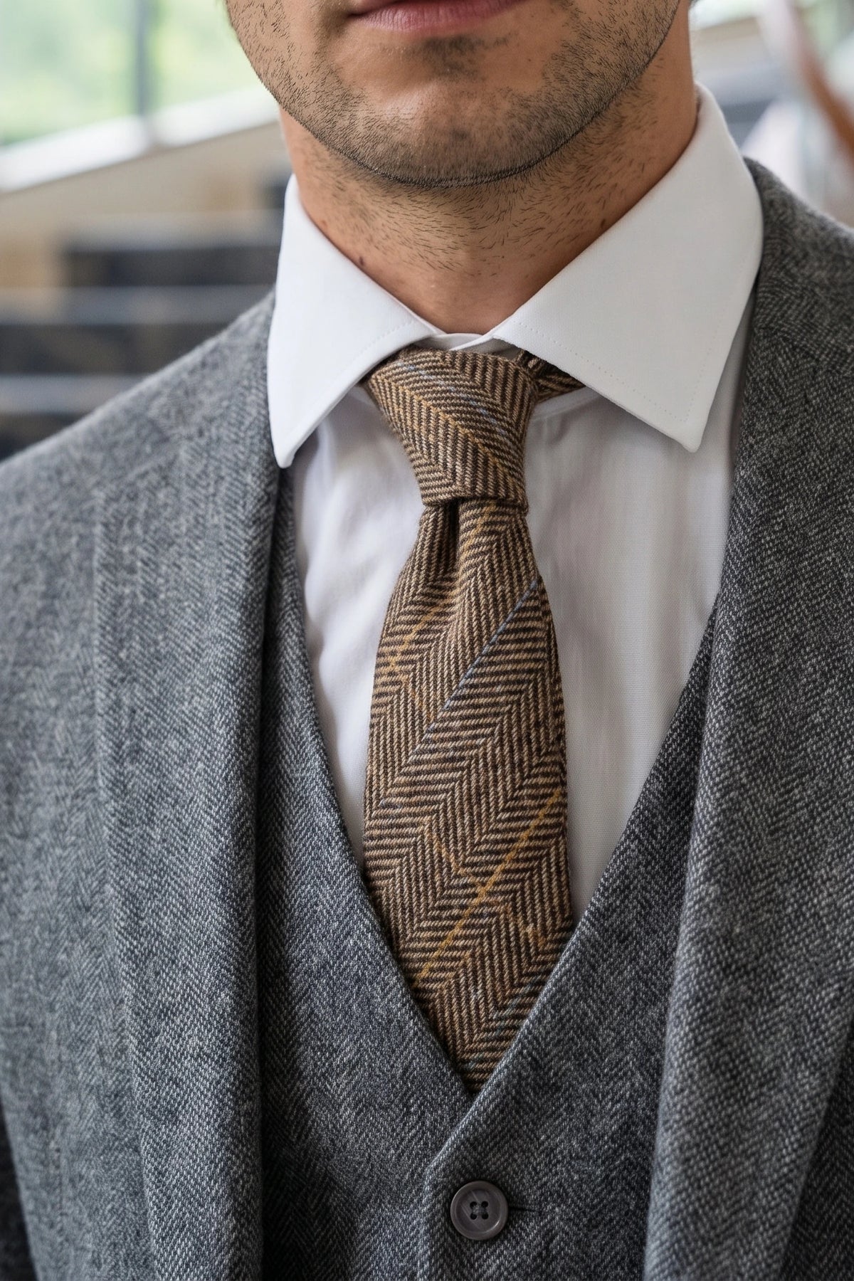Gravata masculina marrom em tweed de lã mista