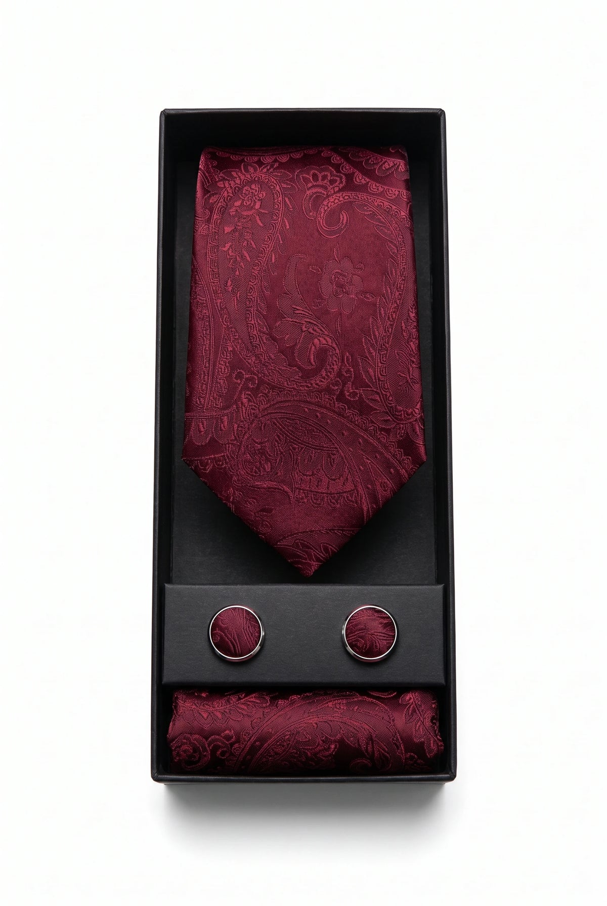Conjunto de gravata masculina com estampa paisley bordô