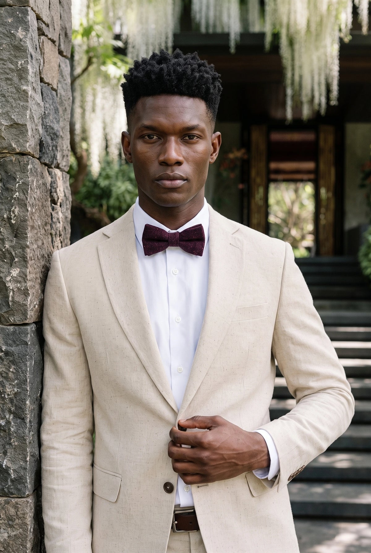 Gravata borboleta masculina em tweed bordô com mistura de lã