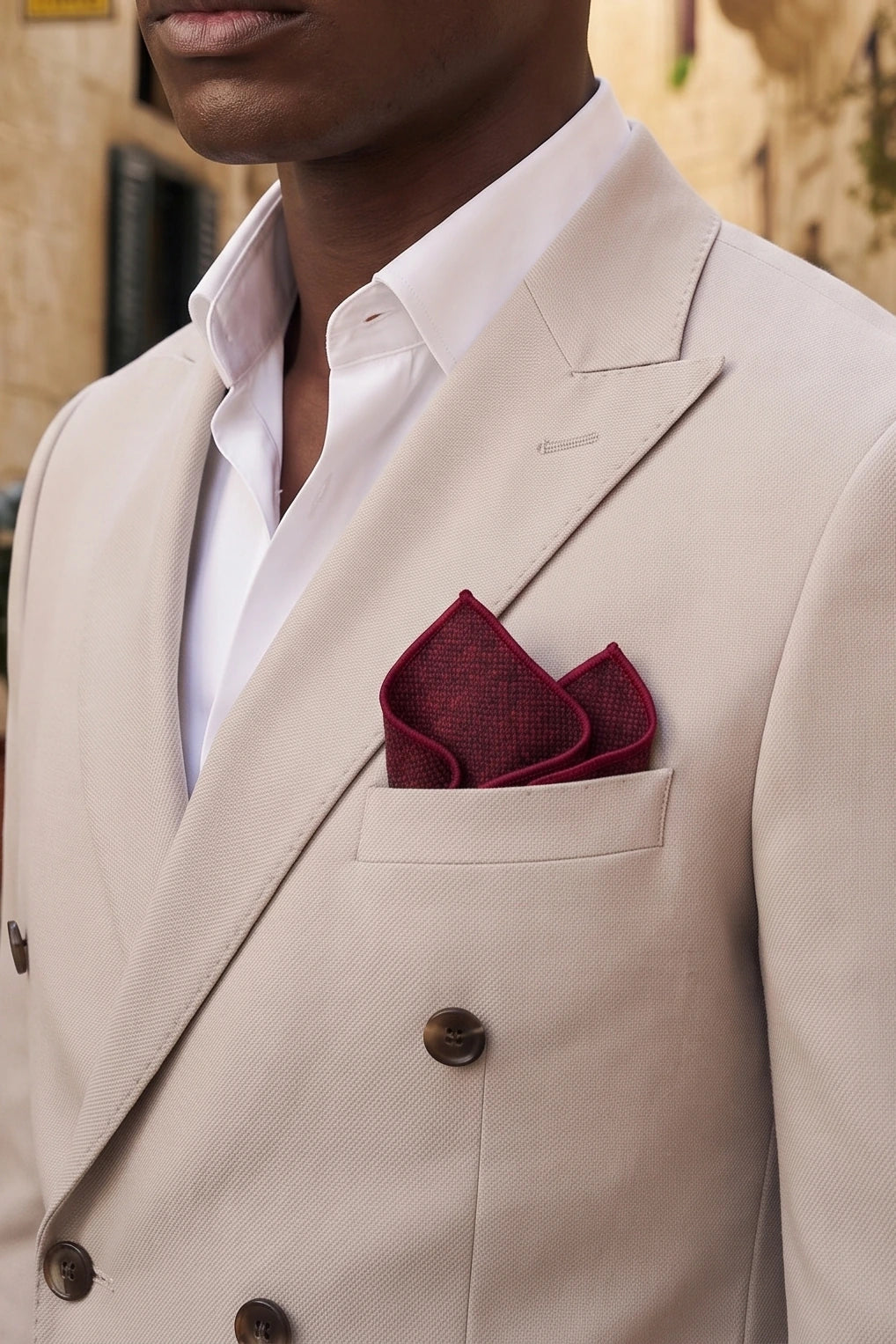 Lenço de bolso masculino em tweed de lã na cor bordô.