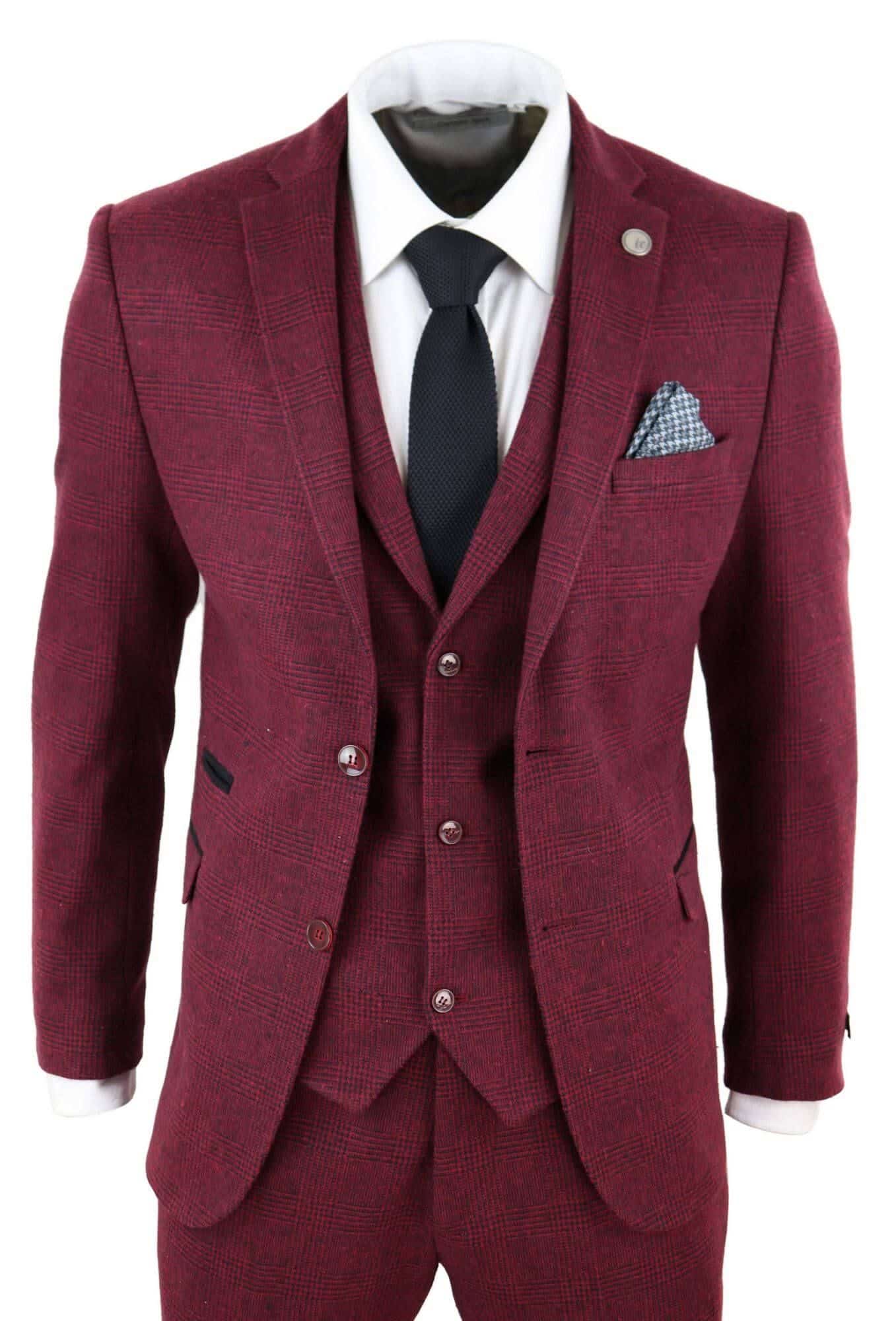 Terno masculino de tweed vinho bordô de 3 peças - STZ17