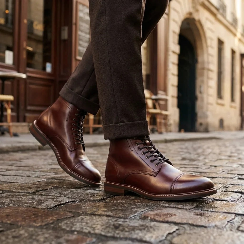 Botas de cano curto Balmoral masculinas em couro bordô com biqueira reforçada