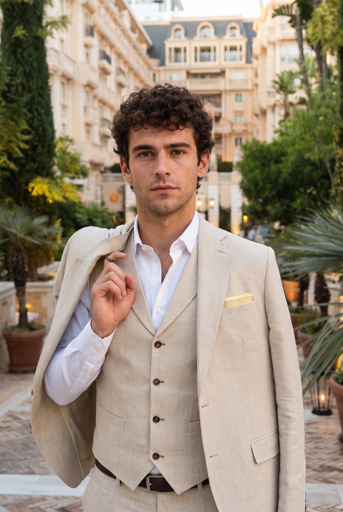 Lenço de bolso masculino em tweed champanhe com mistura de lã.