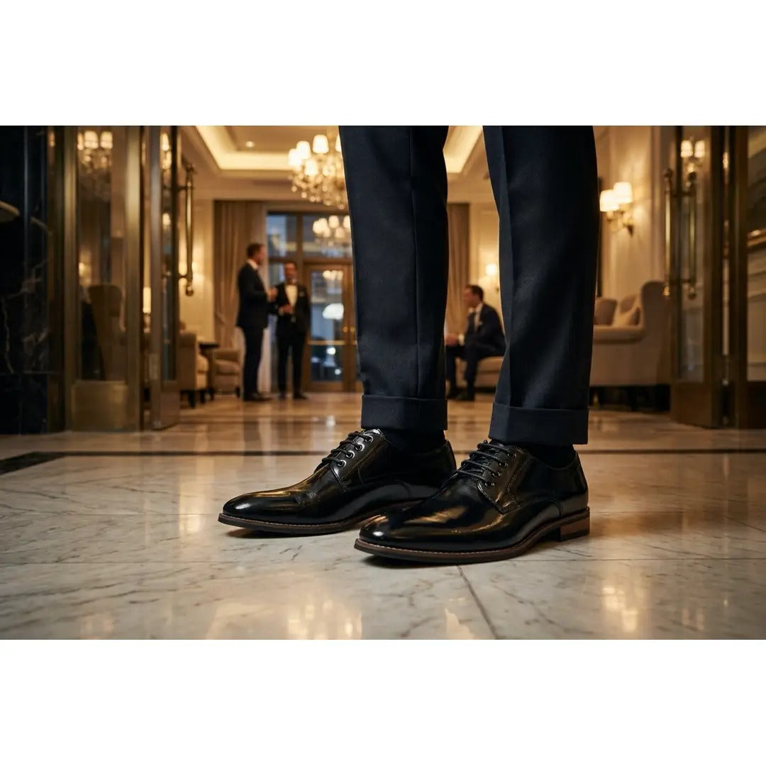 Sapatos Derby Masculinos Clássicos de Bico Liso com Cadarço