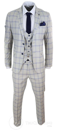 Terno masculino xadrez azul creme para casamento