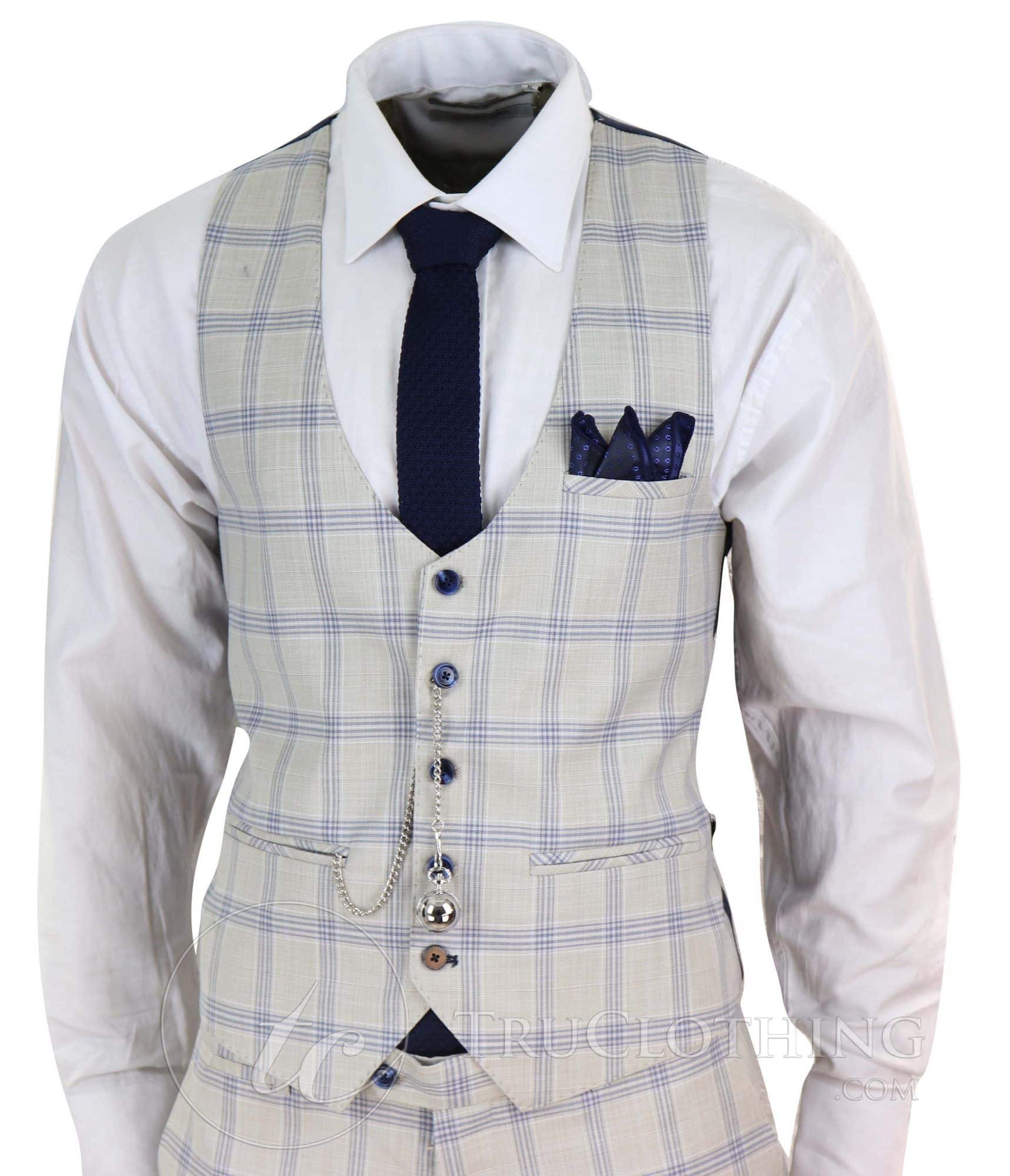 Terno masculino xadrez azul creme para casamento