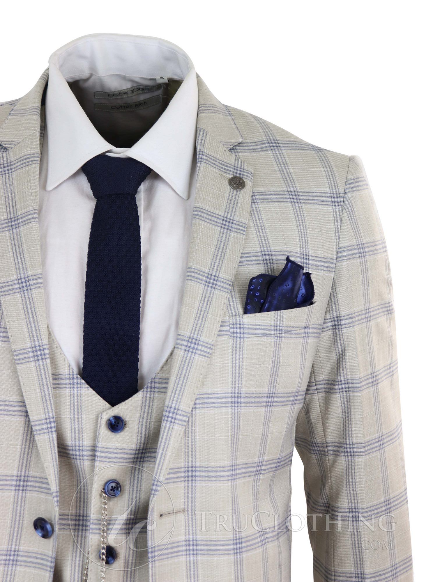 Terno masculino xadrez azul creme para casamento