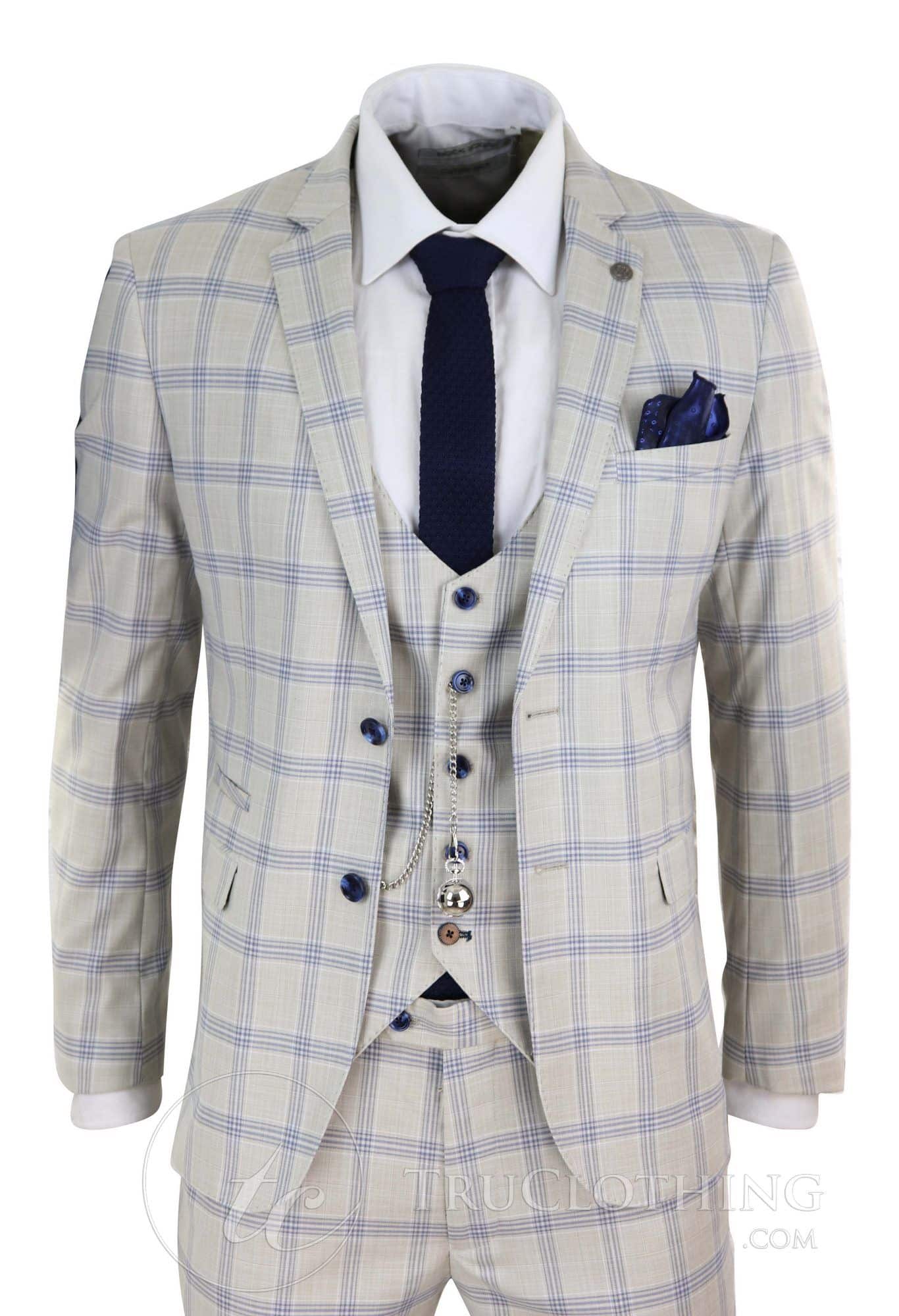 Terno masculino xadrez azul creme para casamento