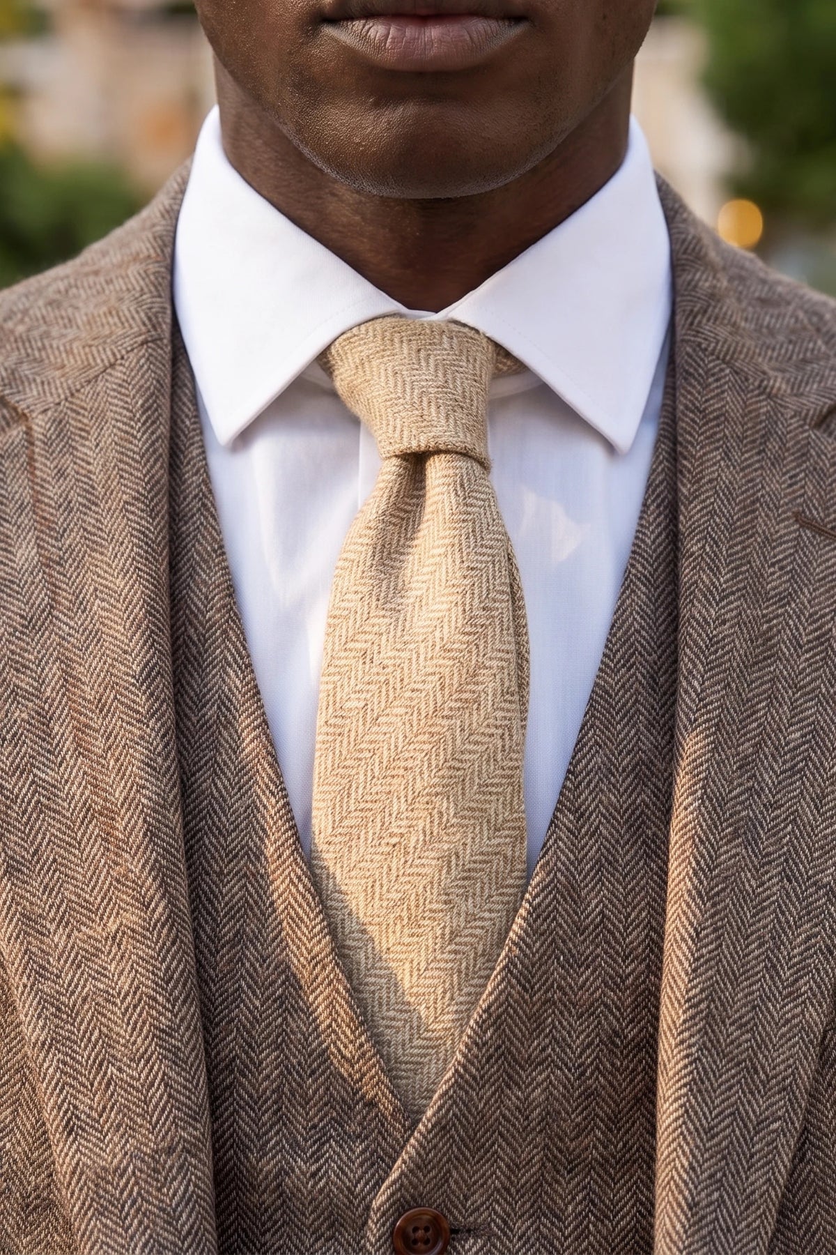 Gravata masculina em tweed creme de lã mista