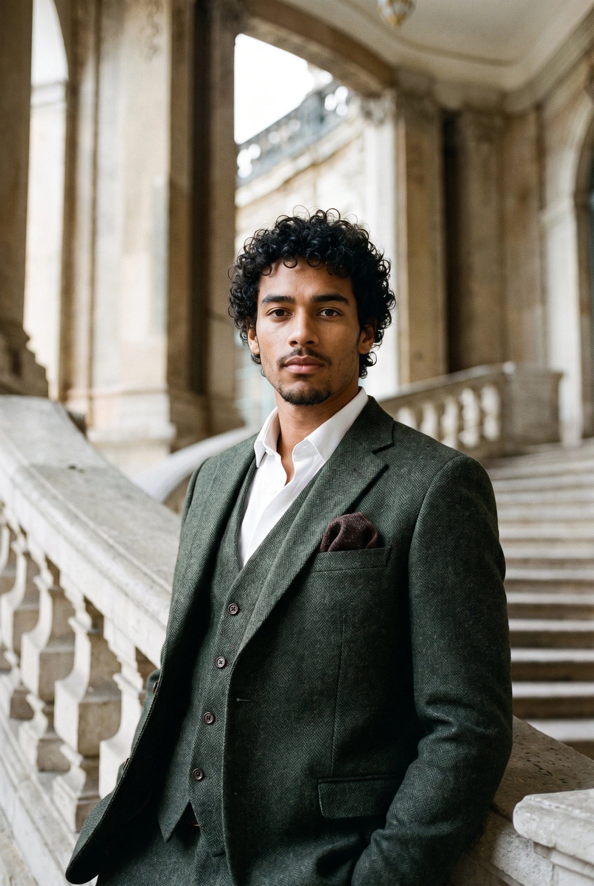 Lenço de bolso masculino em tweed marrom escuro com mistura de lã.