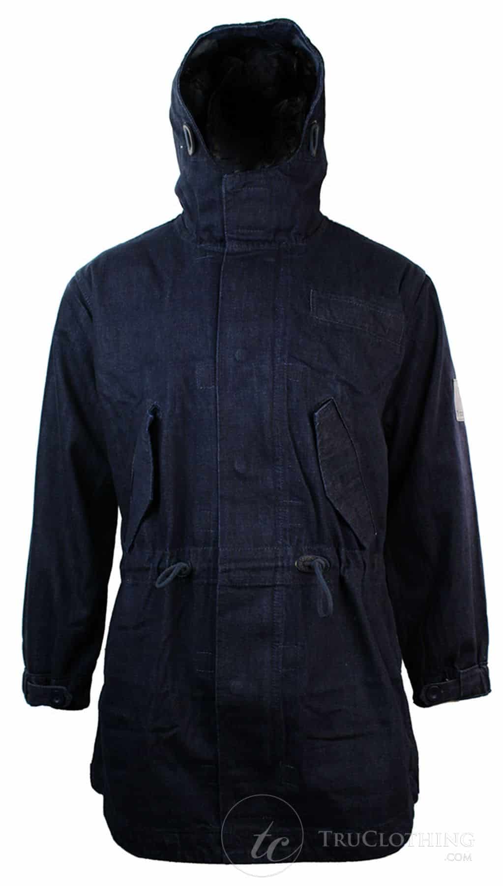 Casaco jeans masculino com capuz, forro de lã, modelo trench coat 3/4.
