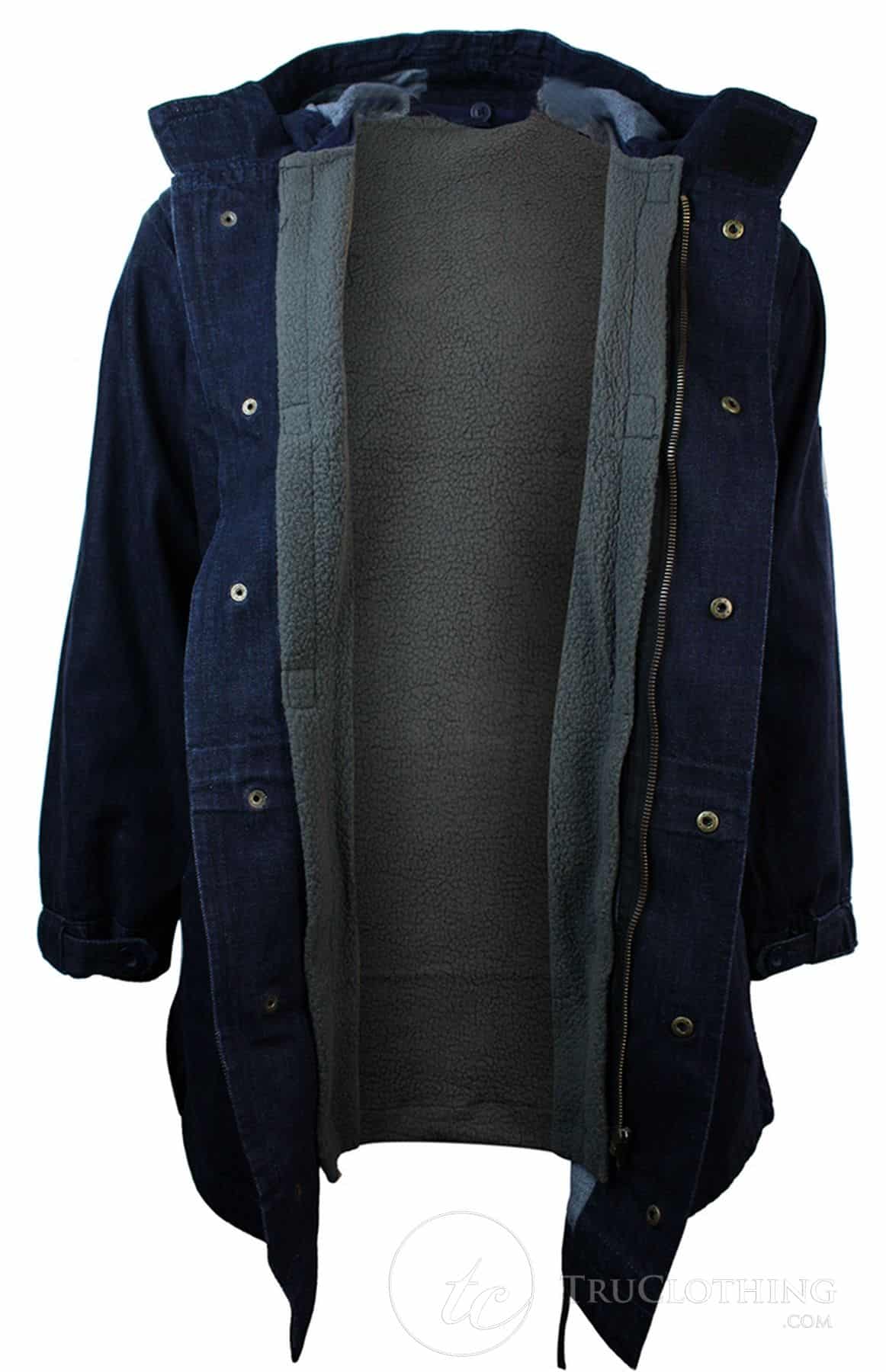Casaco jeans masculino com capuz, forro de lã, modelo trench coat 3/4.