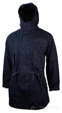 Casaco jeans masculino com capuz, forro de lã, modelo trench coat 3/4.