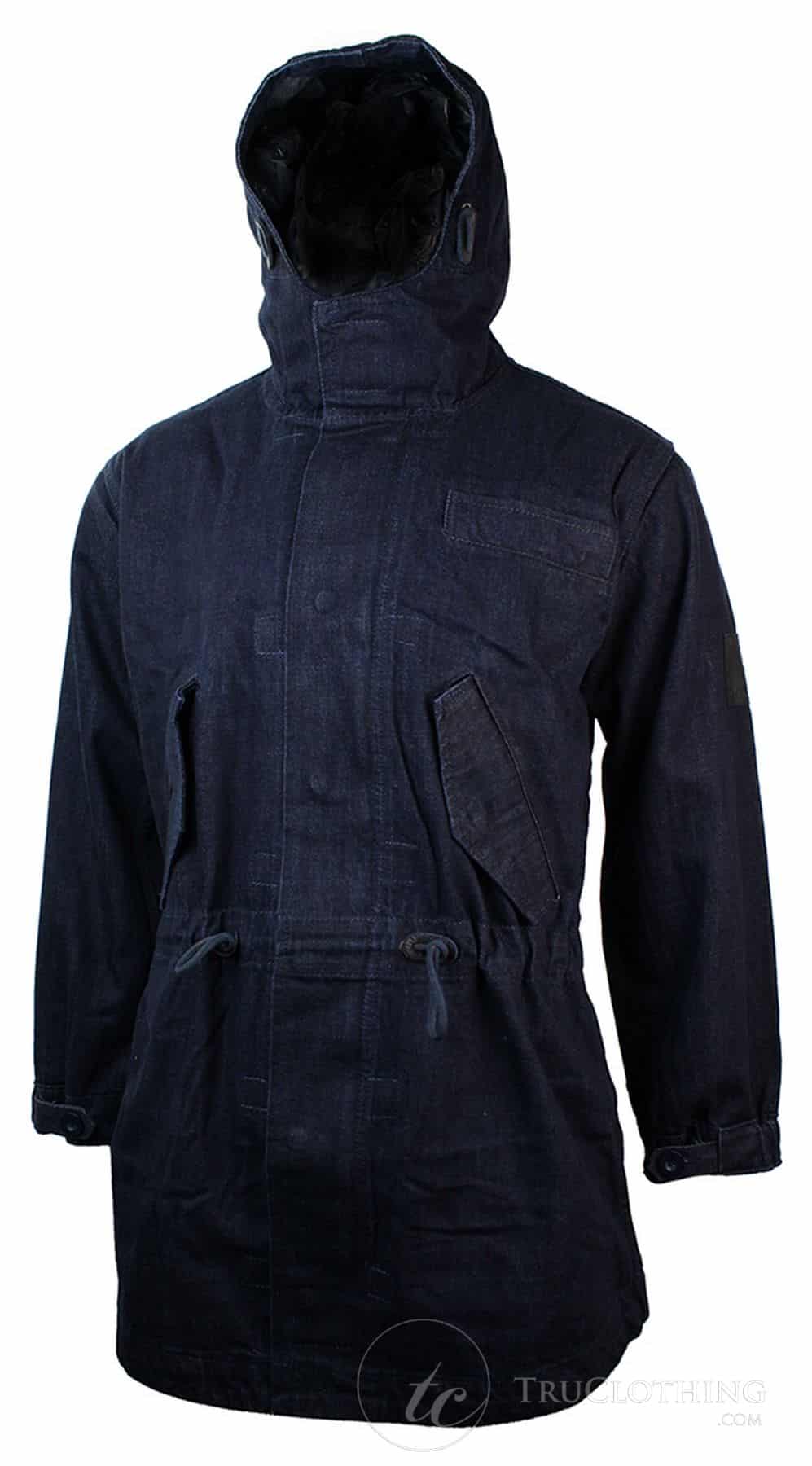 Casaco jeans masculino com capuz, forro de lã, modelo trench coat 3/4.