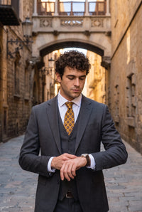 Gravata masculina dourada com estampa paisley