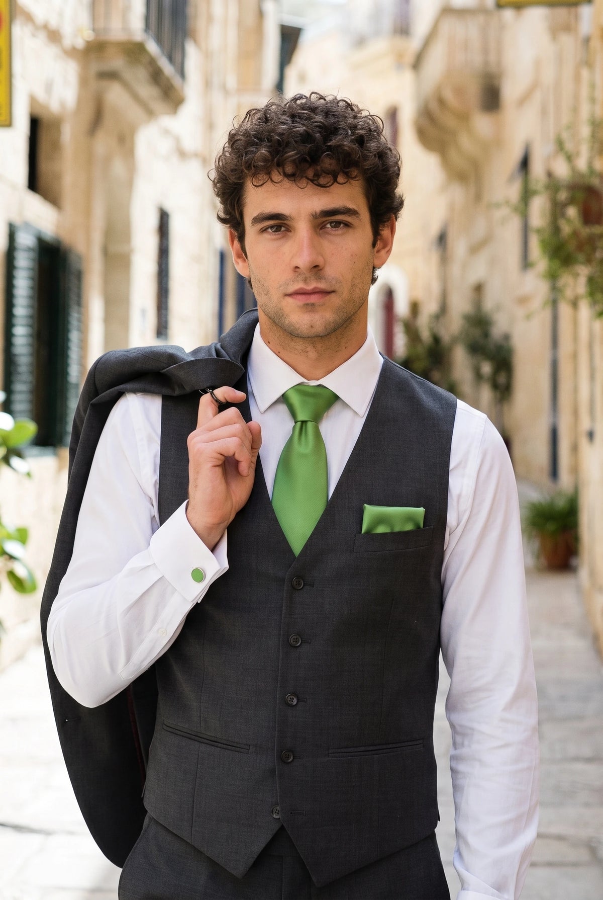 Conjunto masculino de gravata verde com lenço de bolso e abotoaduras combinando.