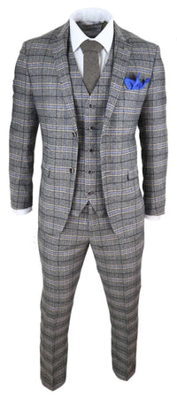 Terno masculino cinza de tweed xadrez de 3 peças