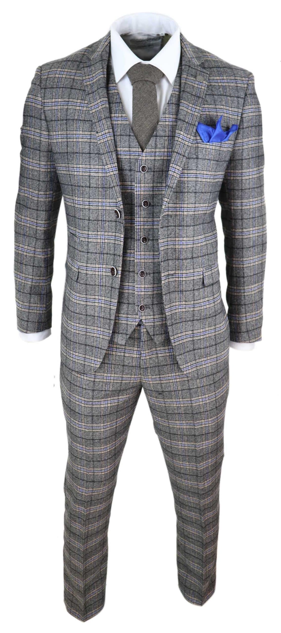 Terno masculino cinza de tweed xadrez de 3 peças