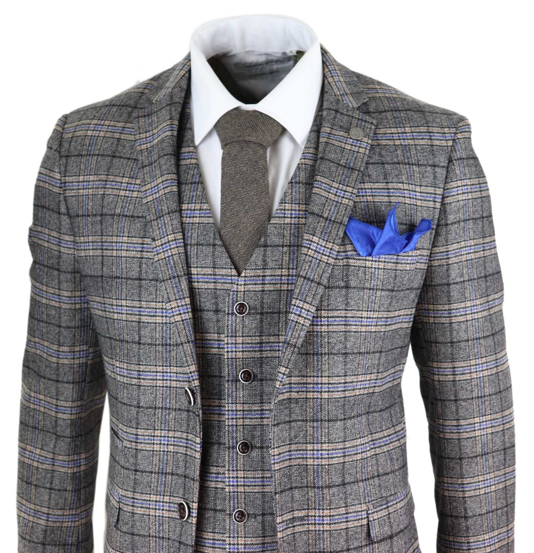Terno masculino cinza de tweed xadrez de 3 peças