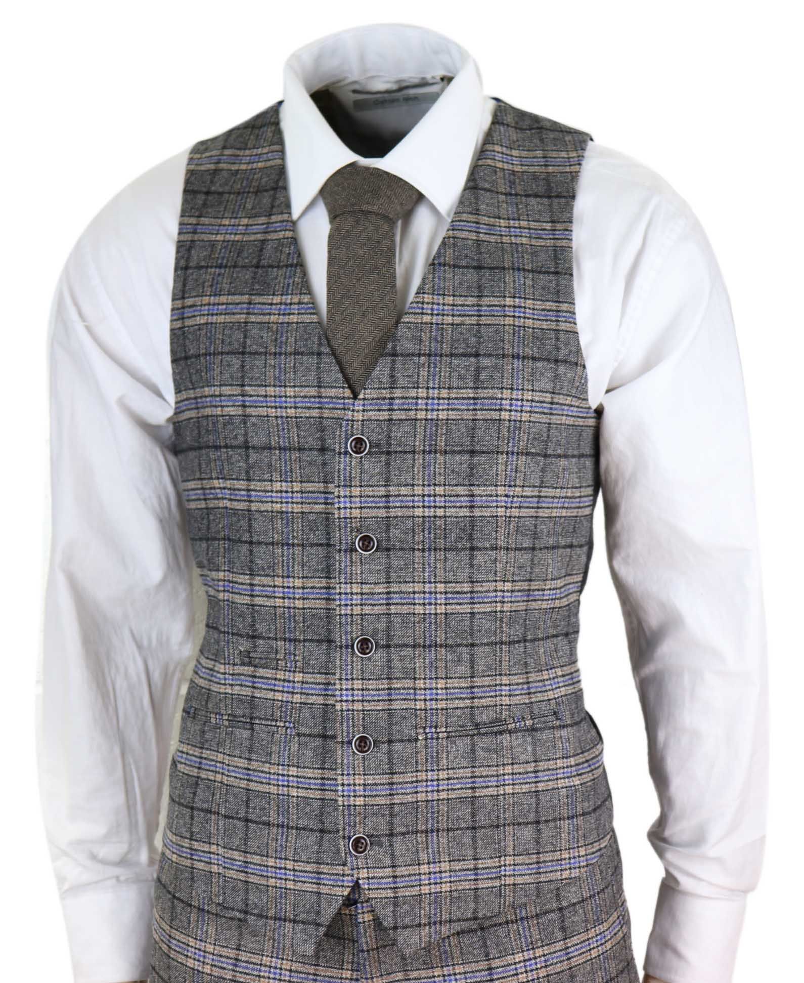 Terno masculino cinza de tweed xadrez de 3 peças