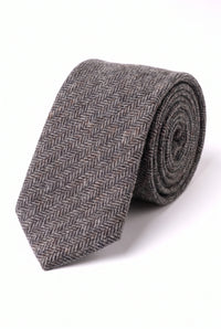 Gravata masculina cinza em tweed com estampa espinha de peixe e mistura de lã.