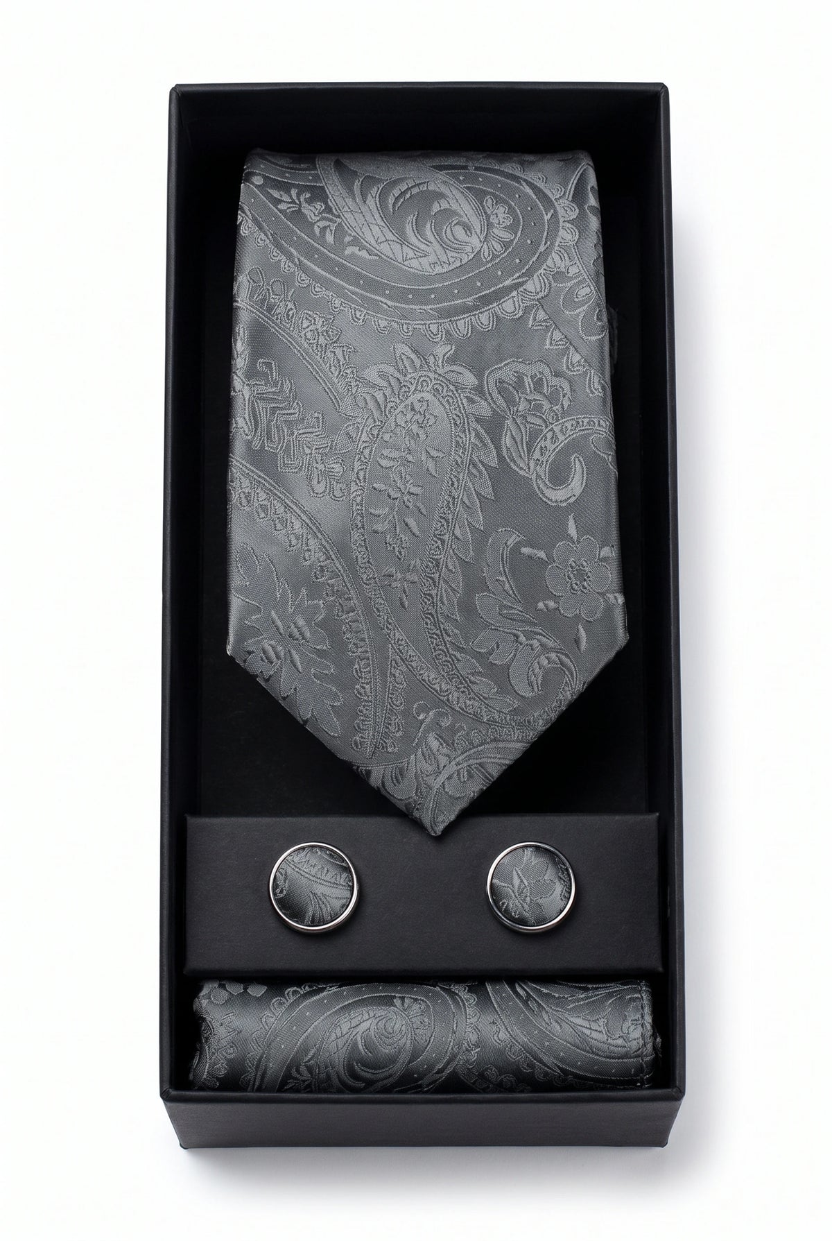 Conjunto de gravata masculina cinza com estampa paisley