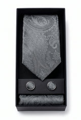 Conjunto de gravata masculina cinza com estampa paisley