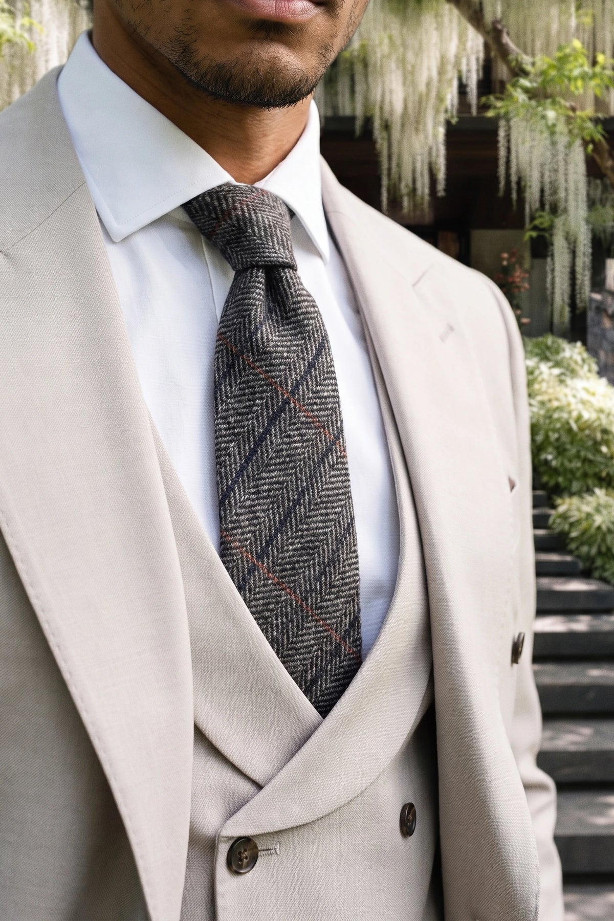 Gravata masculina em tweed cinza de lã mista