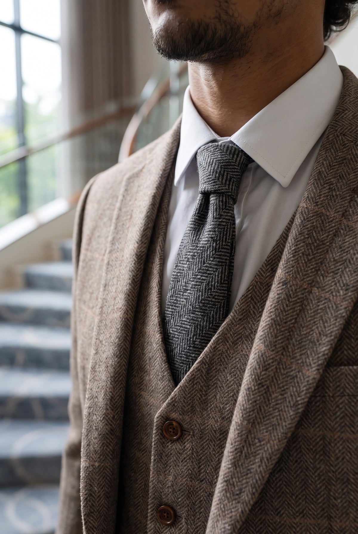 Gravata masculina em tweed cinza de lã mista