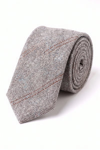 Gravata masculina de lã tweed cinza com padrão espinha de peixe