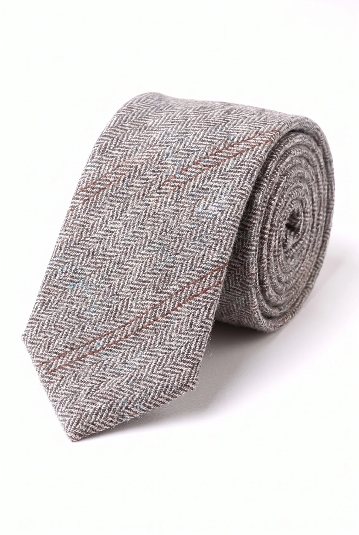 Gravata masculina de lã tweed cinza com padrão espinha de peixe