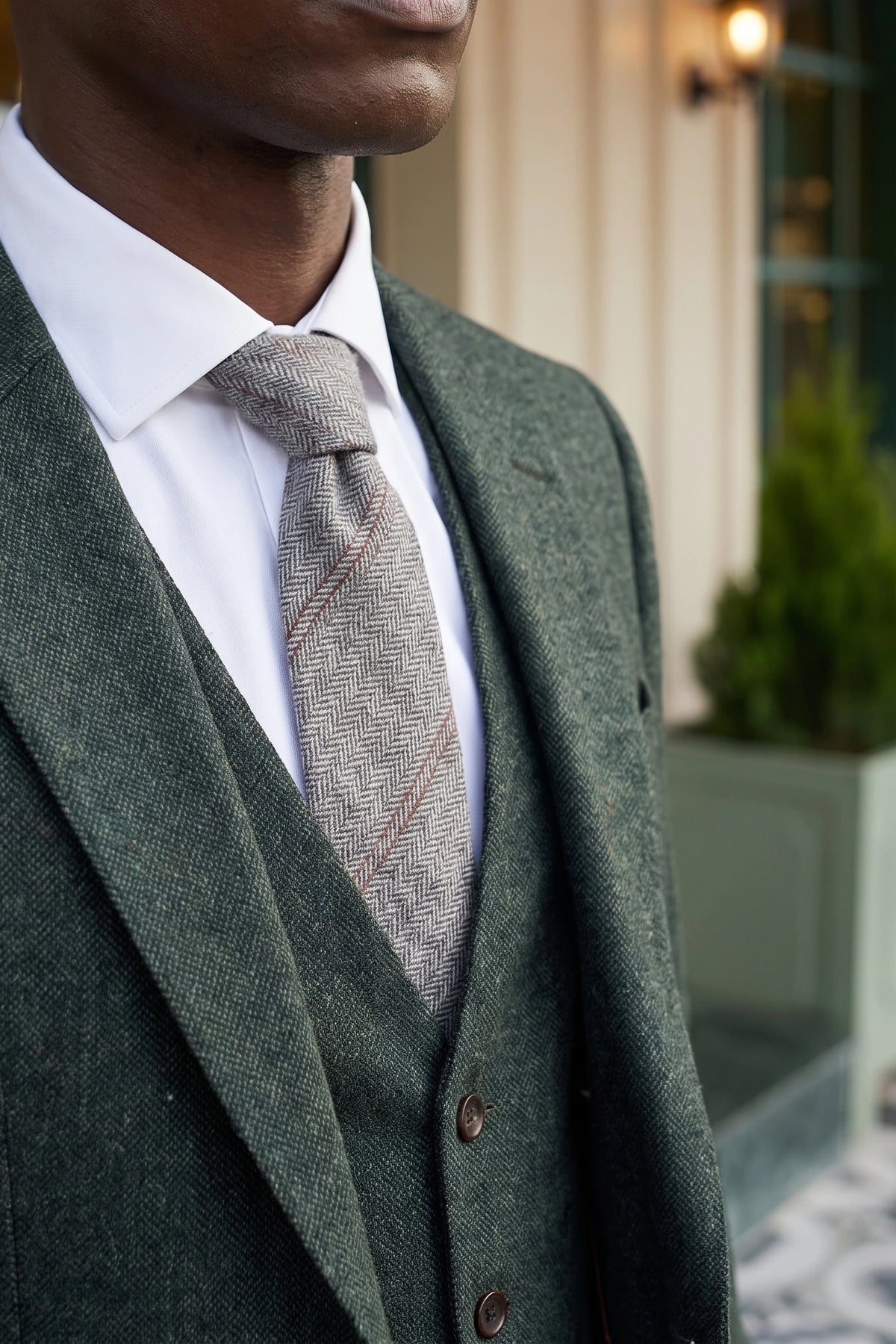 Gravata masculina de lã tweed cinza com padrão espinha de peixe