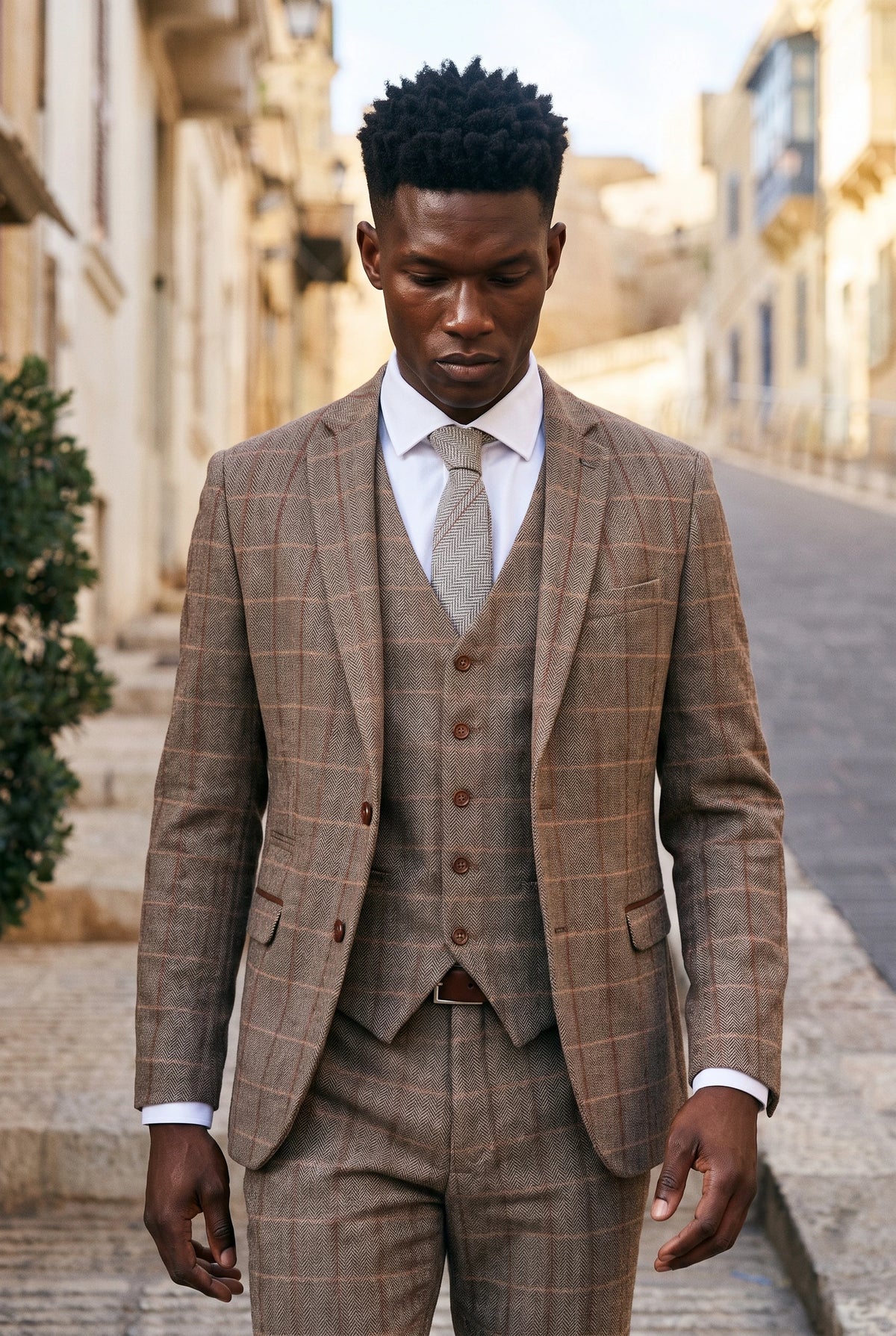 Gravata masculina de lã tweed cinza com padrão espinha de peixe