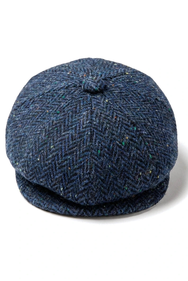 Boné masculino de tweed azul espinha de peixe com 8 painéis