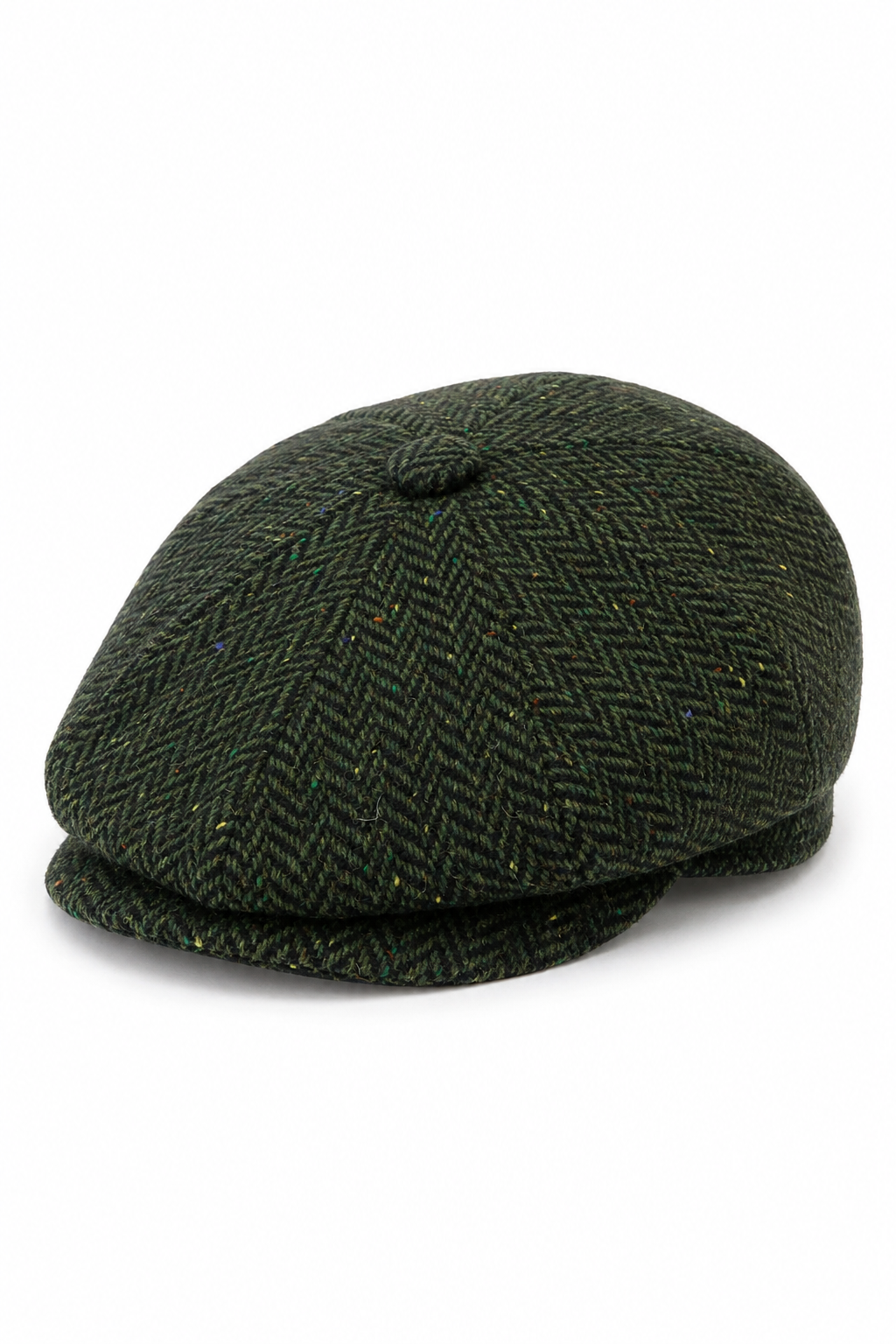 Boné masculino de tweed espinha de peixe com 8 painéis, cor oliva.
