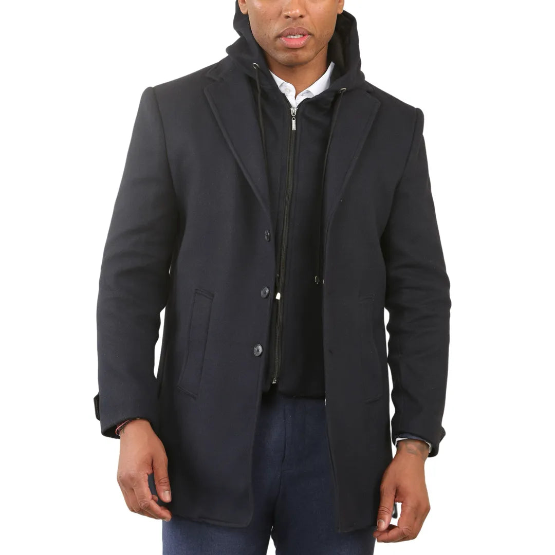 Sobretudo clássico masculino com capuz em mistura de lã
