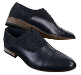 Sapatos masculinos de couro italiano e camurça com cadarço, estilo casual elegante, nas cores marrom, azul marinho e preto.