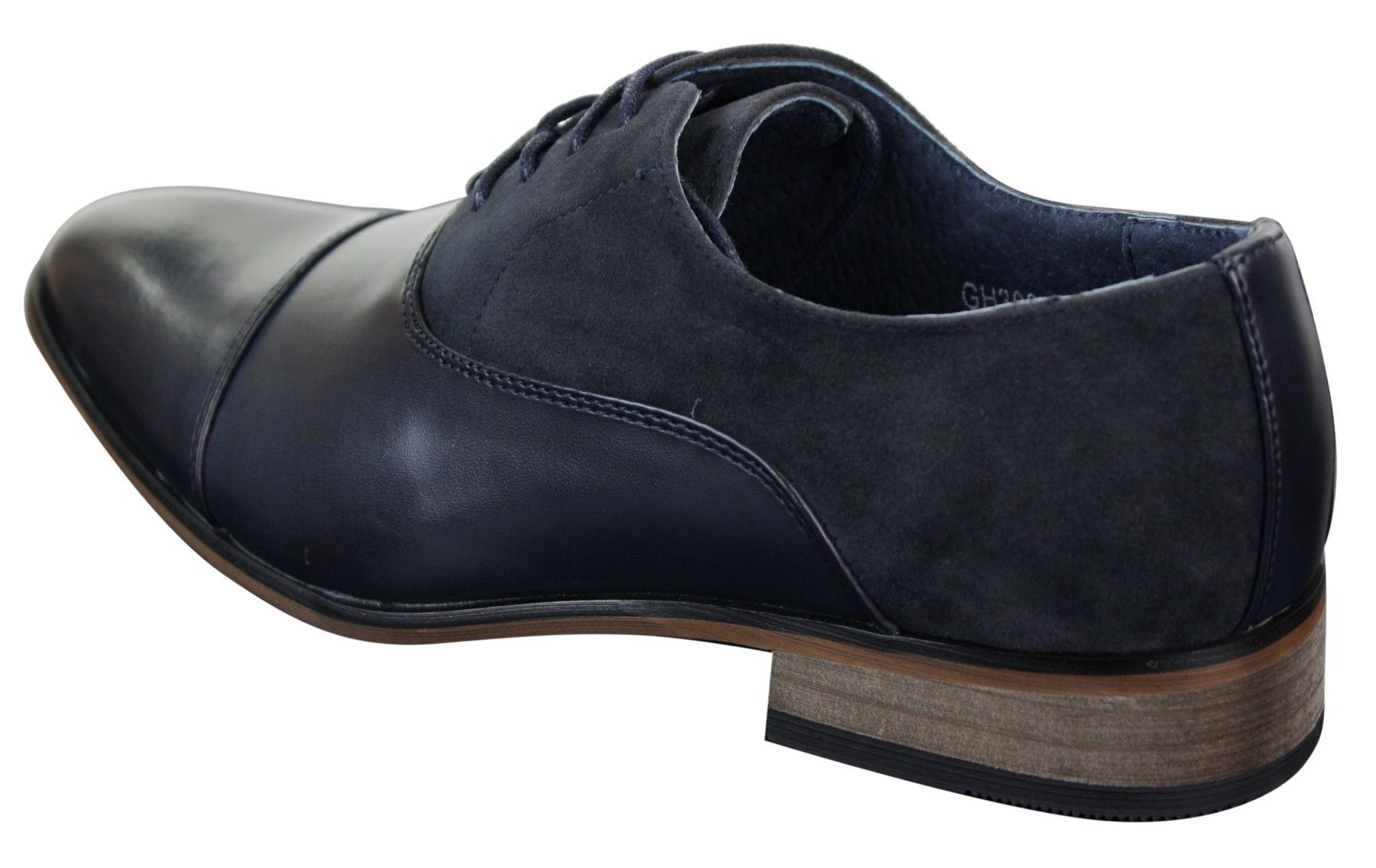Sapatos masculinos de couro italiano e camurça com cadarço, estilo casual elegante, nas cores marrom, azul marinho e preto.