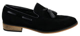 Mocassins masculinos italianos de couro camurça com borla, nas cores azul, preto e marrom.