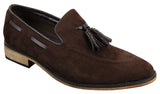 Mocassins masculinos italianos de couro camurça com borla, nas cores azul, preto e marrom.