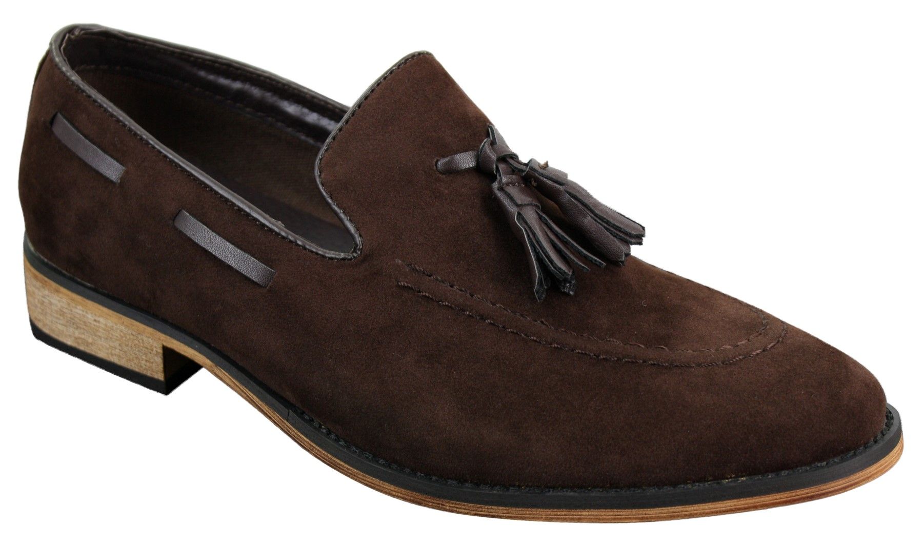 Mocassins masculinos italianos de couro camurça com borla, nas cores azul, preto e marrom.