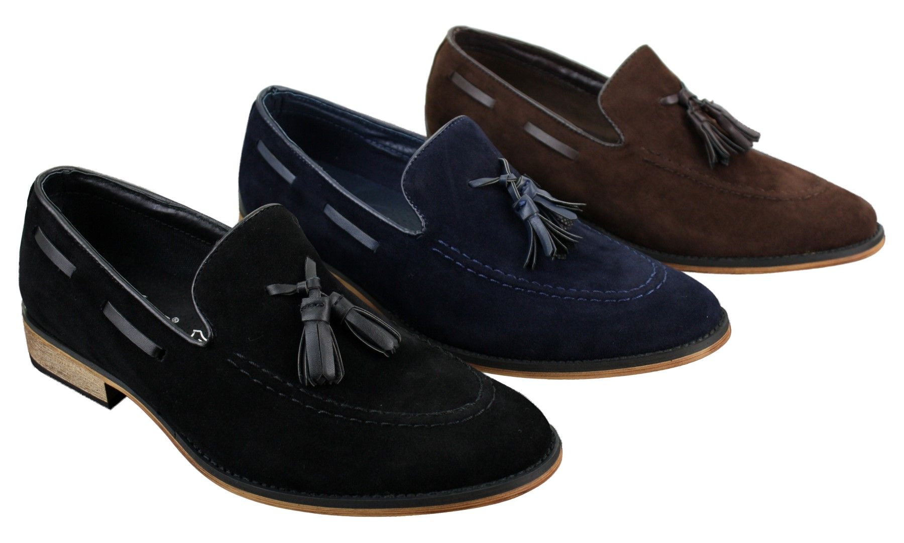 Mocassins masculinos italianos de couro camurça com borla, nas cores azul, preto e marrom.